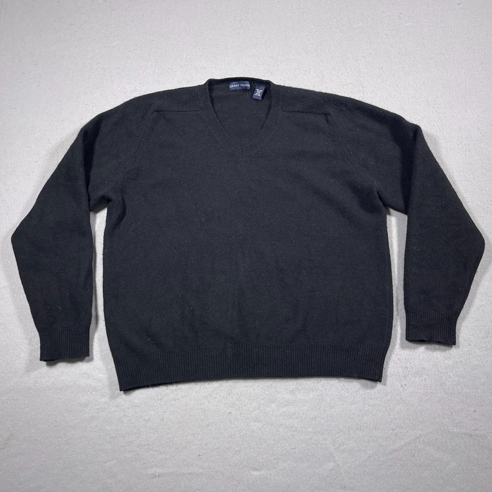 Grant Thomas Sweater Men XXL Regular Black V Neck Wool Knit Preppy Classic